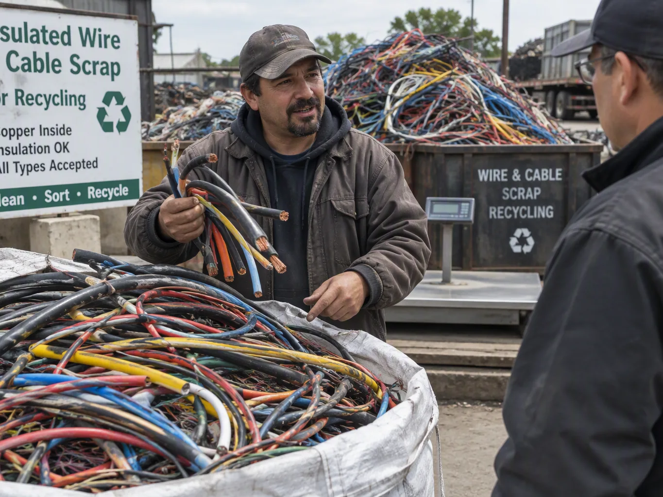 A scrap metal purchaser working on a residential insulated wire & cable recycling job — mid-task, hands, tools and the work itself in sharp focus, the rest of the space softly out of focus