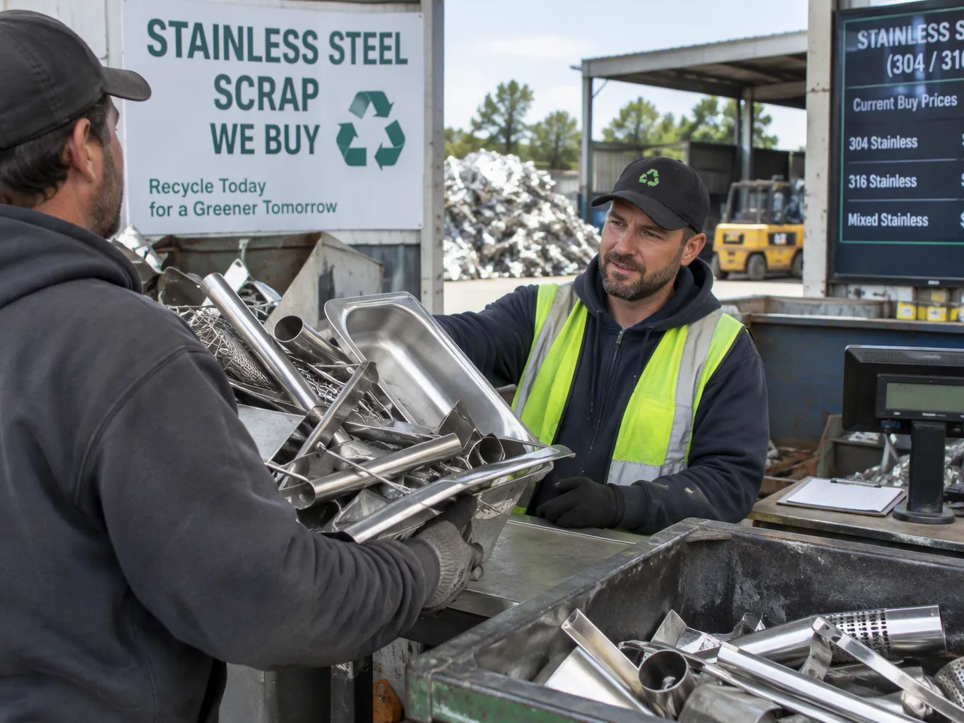A scrap metal purchaser working on a residential stainless steel recycling job — mid-task, hands, tools and the work itself in sharp focus, the rest of the space softly out of focus