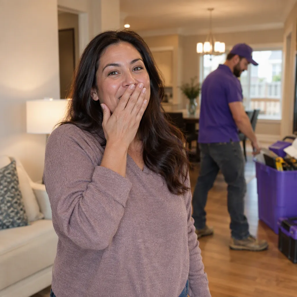 A homeowner seeing their finished room for the first time, hand to their mouth, delighted and entirely unposed