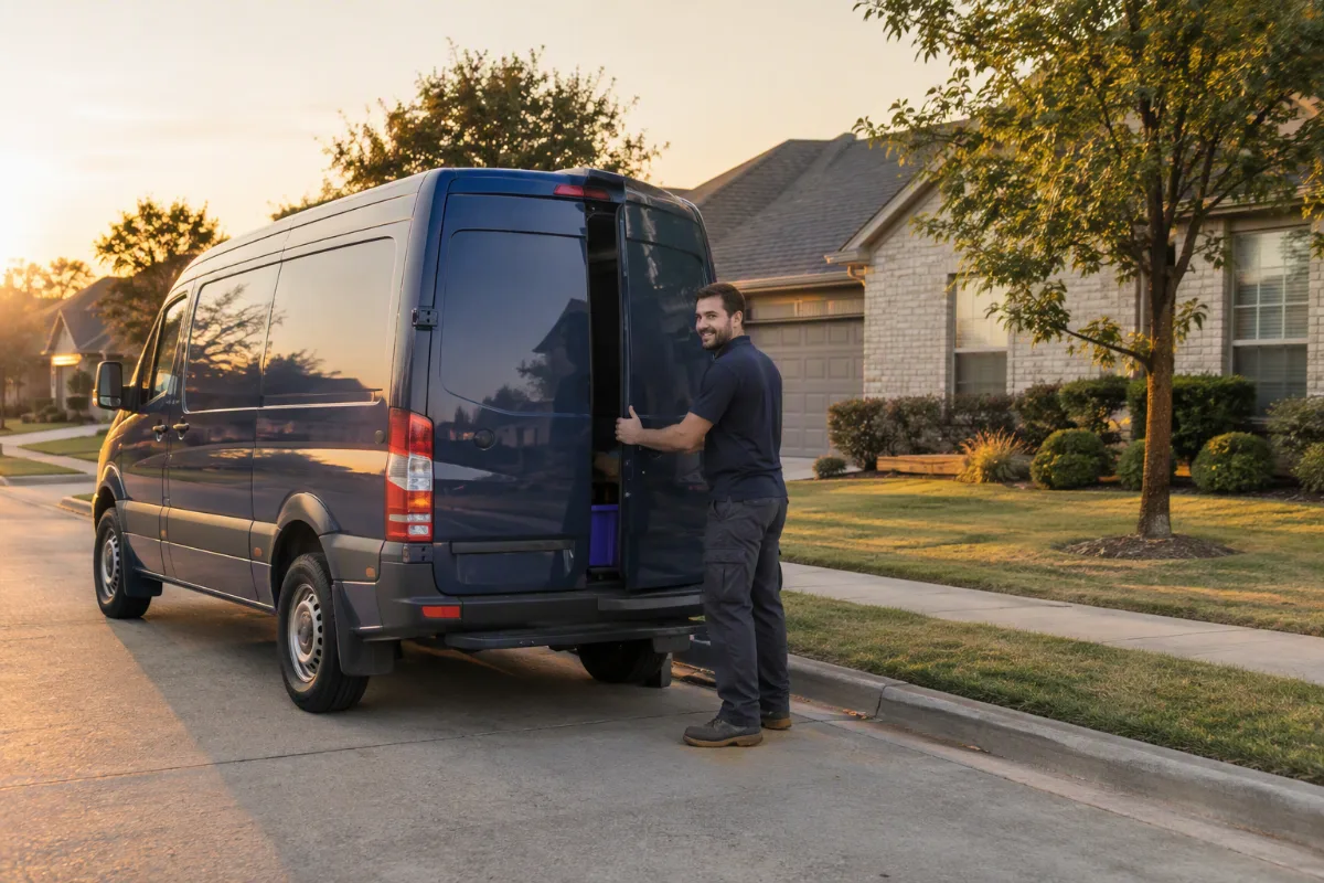 Titan Recycling service van parked outside a home in Lewisville