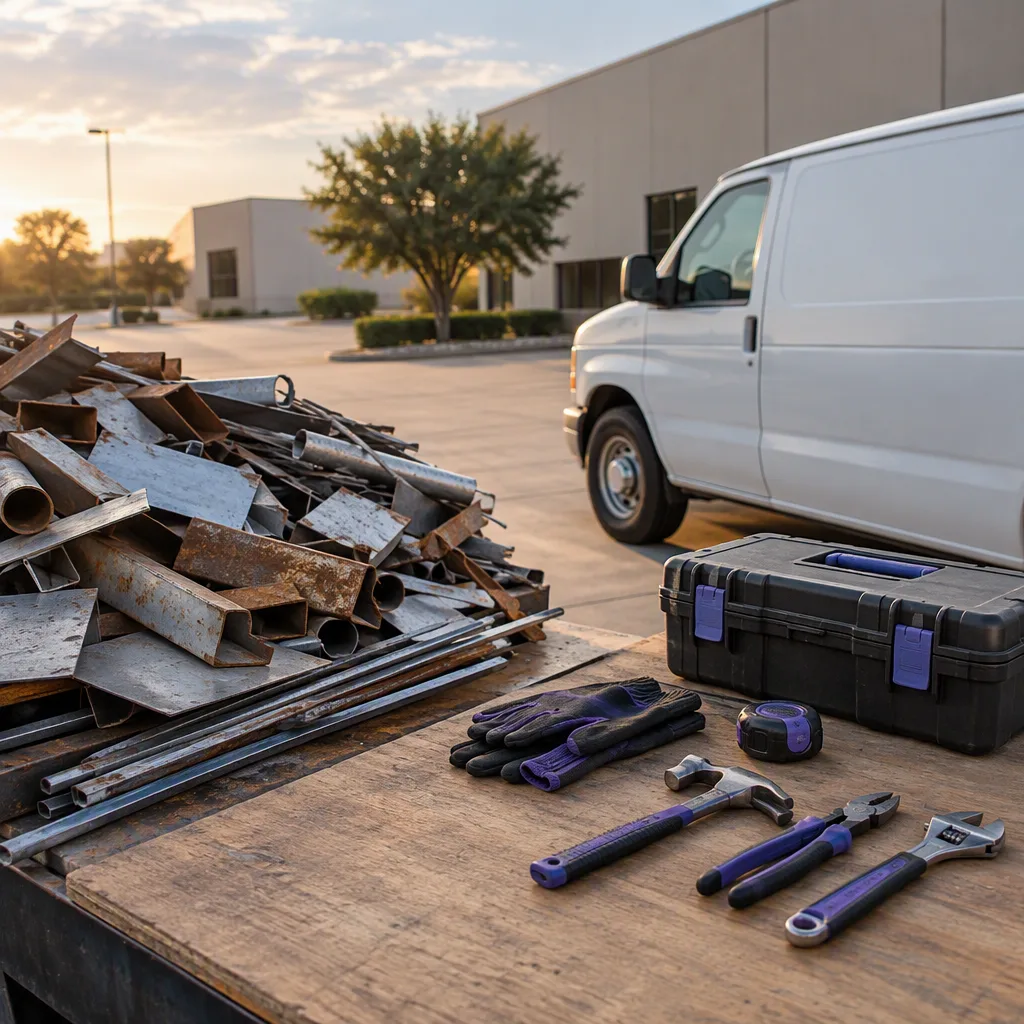 A set of tools — the tools of the trade — laid down on a clean surface beside the scrap metal purchasing work they have just finished, everything tidy and put away