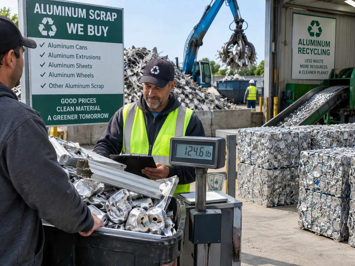 A scrap metal purchaser working on a residential aluminum recycling job — mid-task, hands, tools and the work itself in sharp focus, the rest of the space softly out of focus