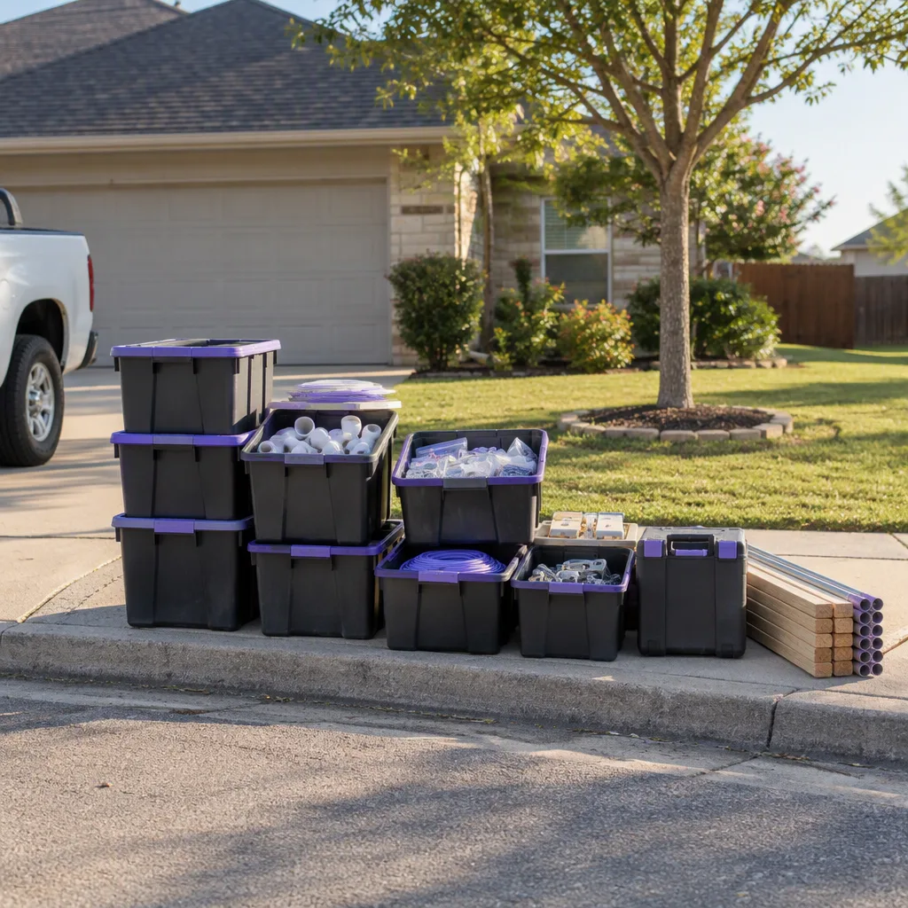 A delivery of parts and materials sorted in bins stacked neatly at the kerb outside a suburban home, ready for the day