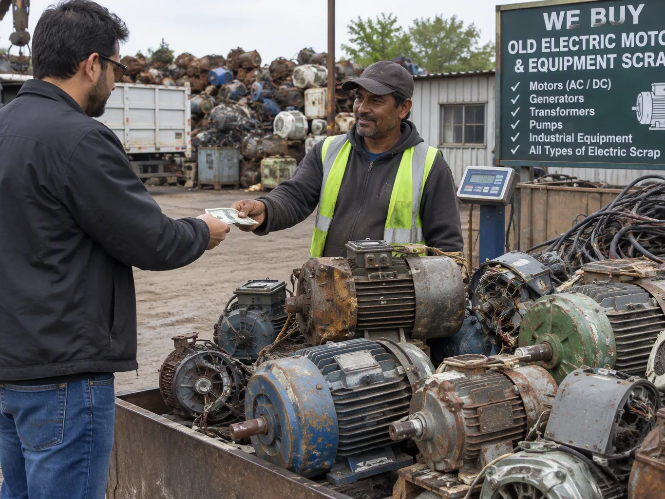 A scrap metal purchaser working on a residential electric motors & equipment job — mid-task, hands, tools and the work itself in sharp focus, the rest of the space softly out of focus