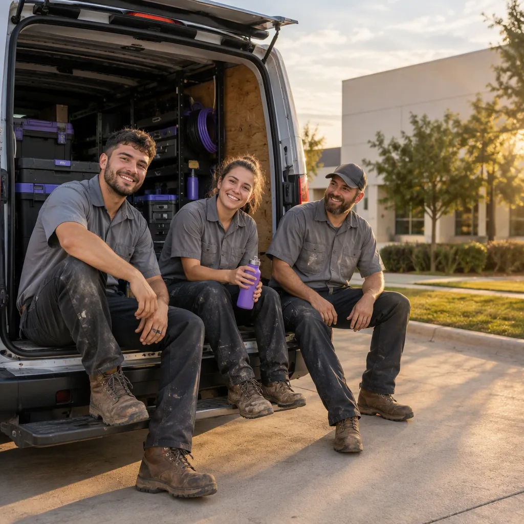 A small crew sitting on the open tailgate of a van at the end of a job, relaxed and talking, tools packed away behind them