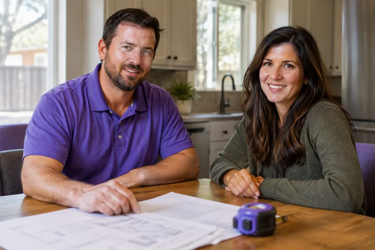 A homeowner and a scrap metal purchaser reviewing plans together at a kitchen table, paperwork and a tape measure between them, both engaged in the conversation