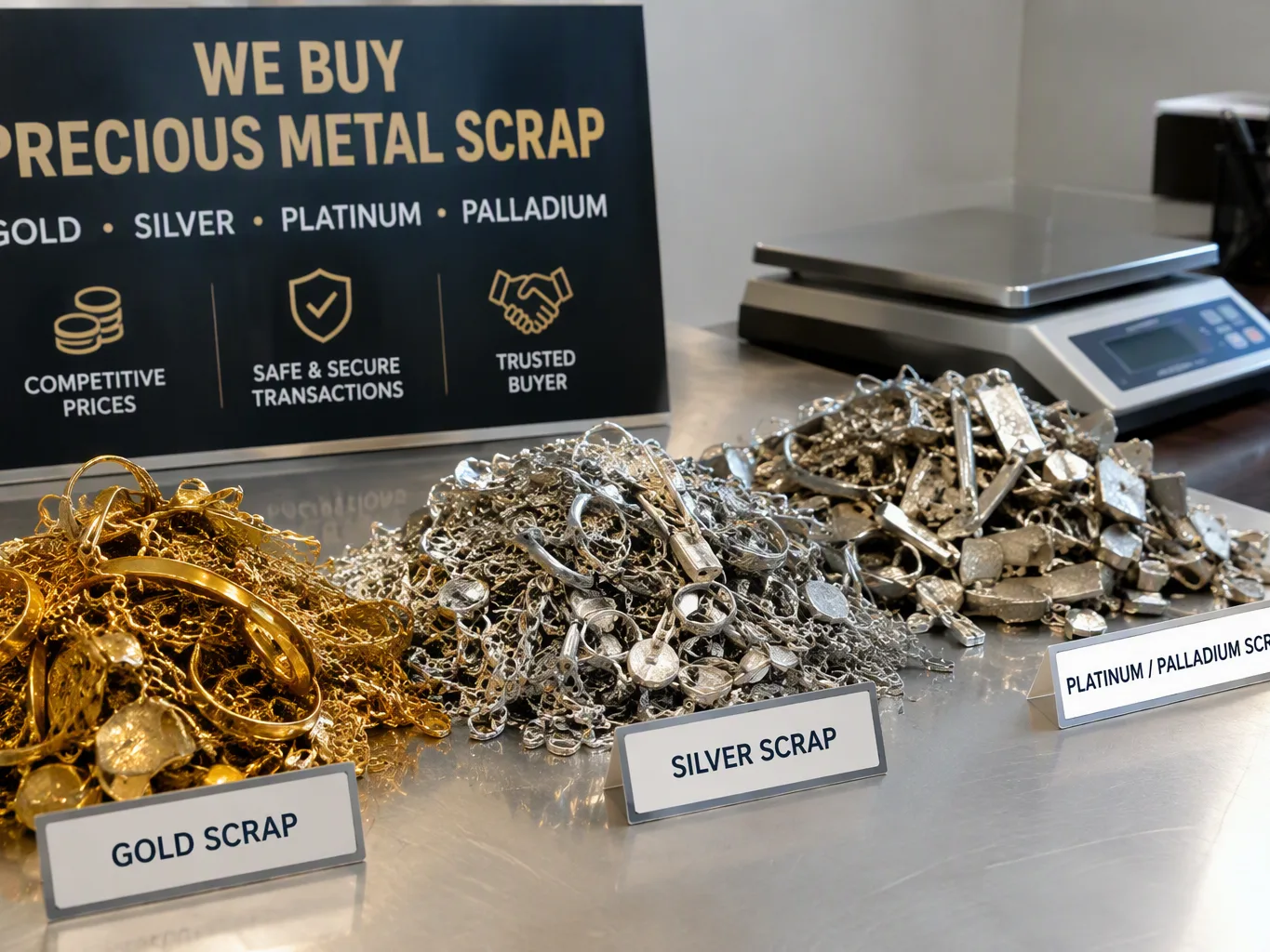 A scrap metal purchaser working on a residential precious metal scrap job — mid-task, hands, tools and the work itself in sharp focus, the rest of the space softly out of focus