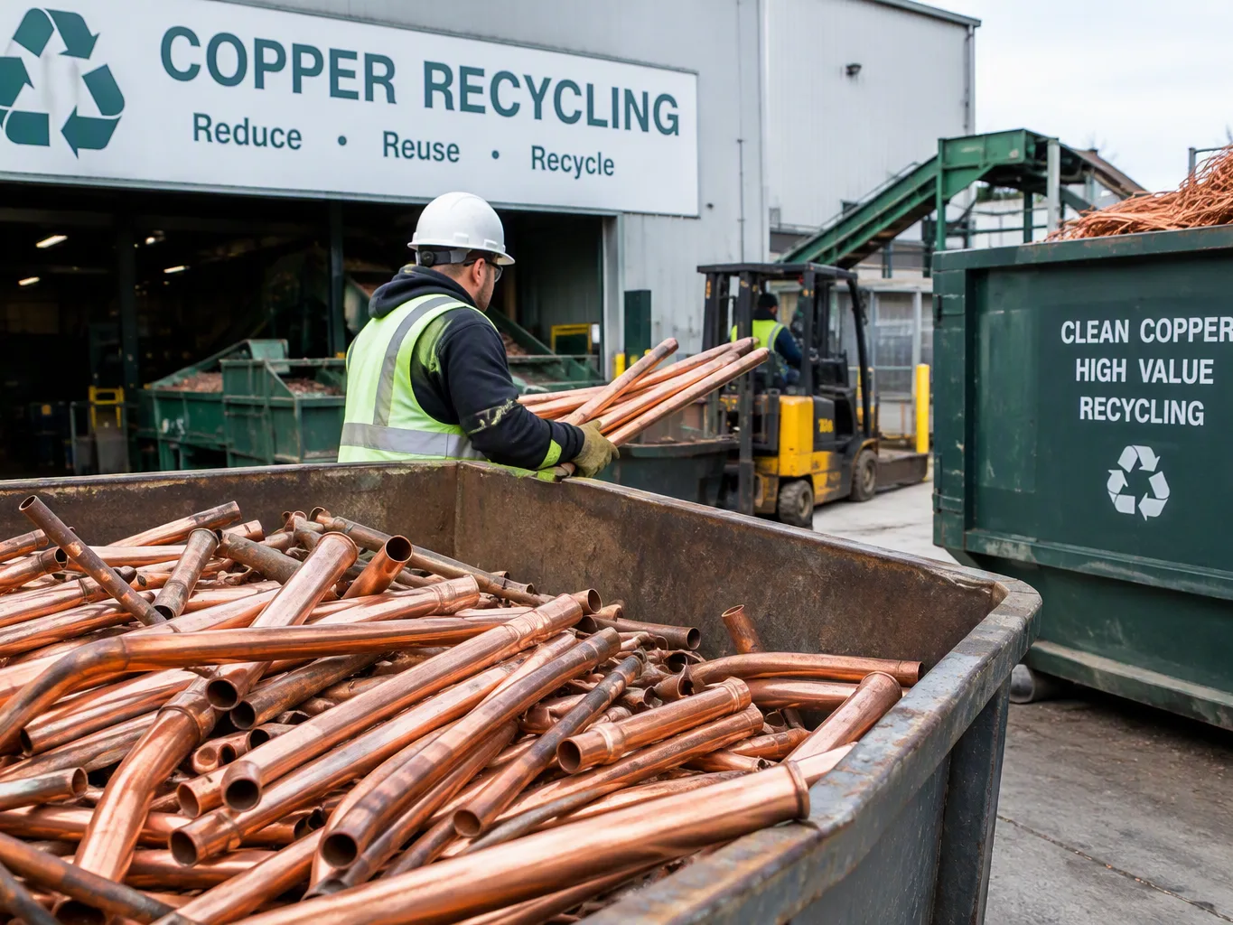 A scrap metal purchaser working on a residential copper recycling job — mid-task, hands, tools and the work itself in sharp focus, the rest of the space softly out of focus
