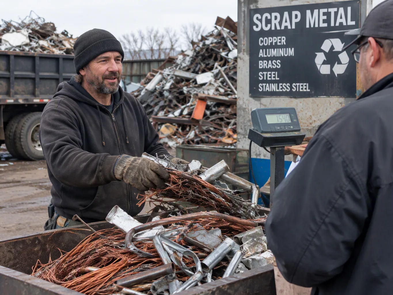 A scrap metal purchaser working on a residential scrap metal purchasing job — mid-task, hands, tools and the work itself in sharp focus, the rest of the space softly out of focus