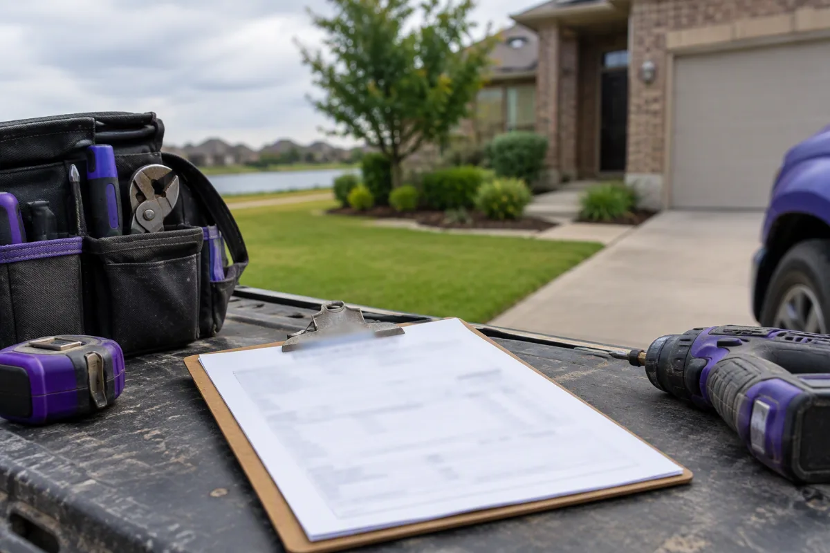 A clipboard with an out-of-focus, unreadable estimate resting on a work surface beside the tools of the trade, a residential job softly blurred behind it