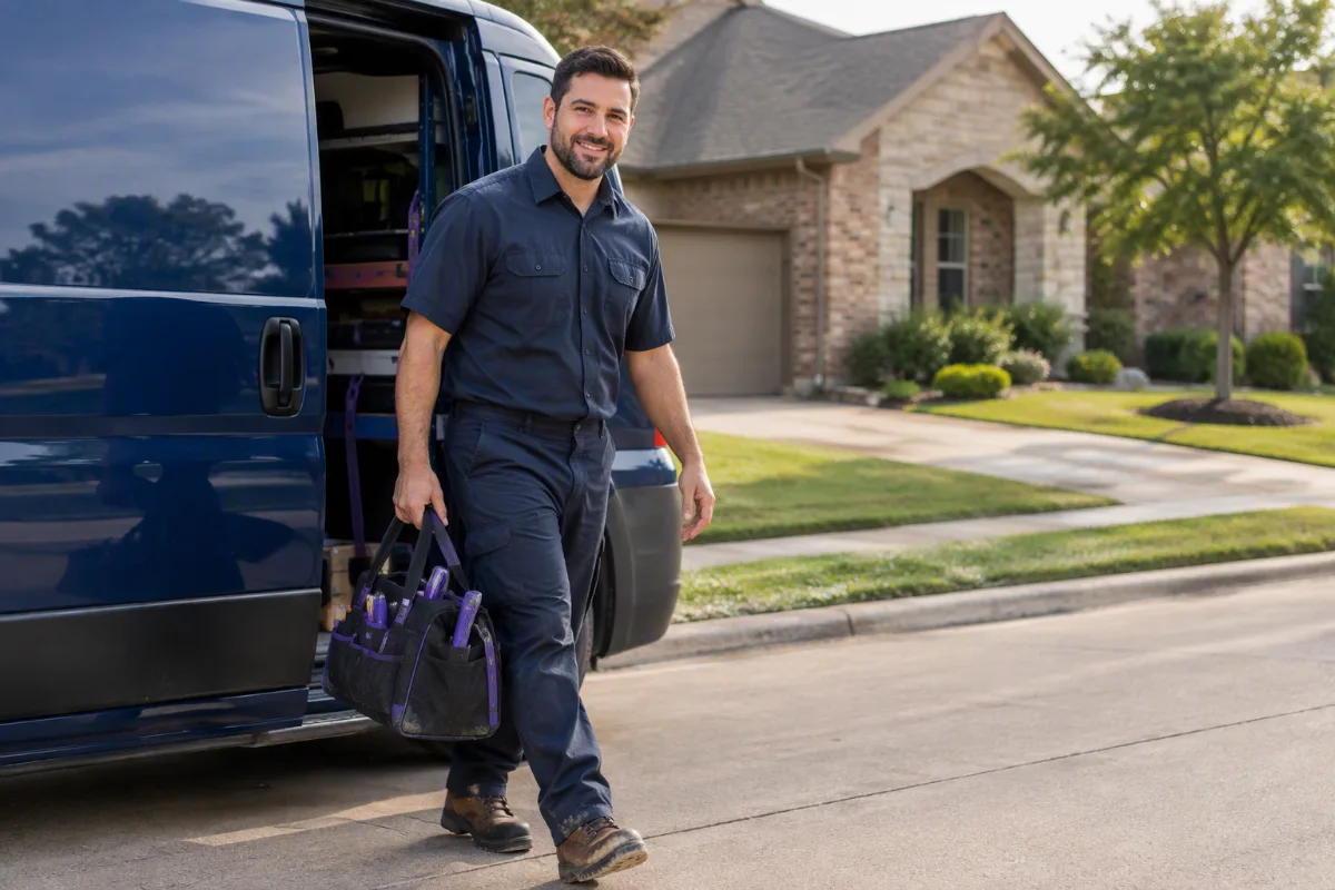 A navy service van arriving outside a well-kept suburban home, a scrap metal purchaser stepping out with a tool bag