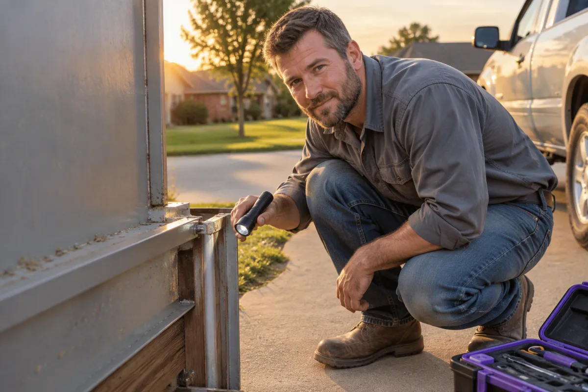 A scrap metal purchaser inspecting the trouble spot on a residential scrap metal purchasing job, crouched close to the work with the tools of the trade in hand, natural side light raking across the surface