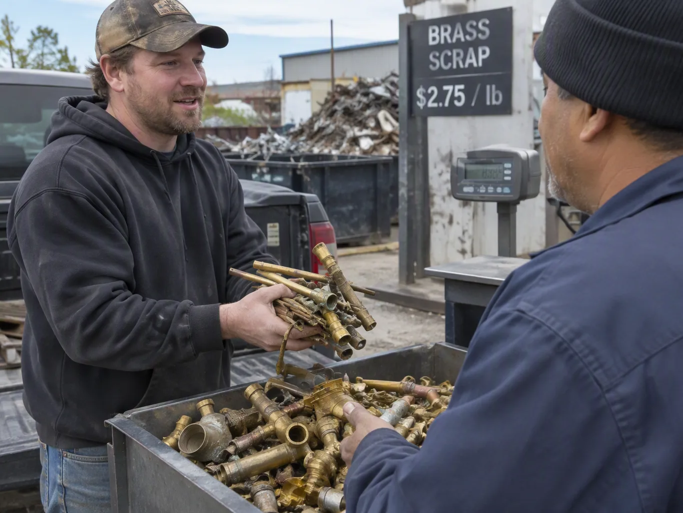 A scrap metal purchaser working on a residential brass recycling job — mid-task, hands, tools and the work itself in sharp focus, the rest of the space softly out of focus