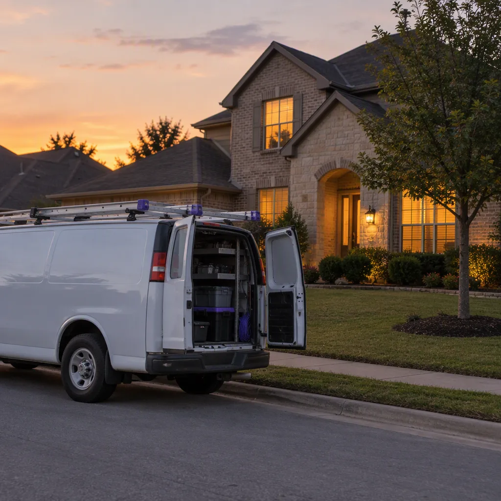 A van packed up at dusk at the kerb outside a suburban home with its windows warmly lit, the last of the light behind the roofline